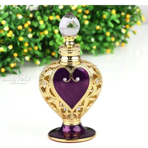 Vintage Empty Crystal Metal Purple Heart Perfume Bottle Cut Glass Collectible 12ml