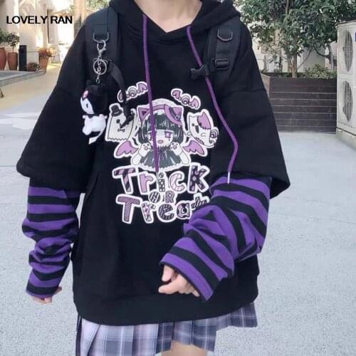 Cartoon Print Kawaii Women Oversized Hoodies Female Patchwork Harajuku Sweatshirt For 2021 Autumn Girls Gothic Kpop Pullovers