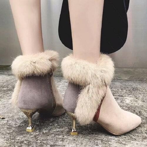 2019 autumn and winter new stitching real rabbit hair high heel womens boots fashion plus velvet warm womens boots