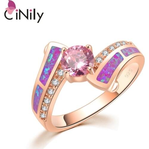 CiNily Timeless Violet Purple Fire Opal Rings Rose Gold Color Pink Cubic Zirconia Crystal Round Stone Classic Jewelry Women Girl