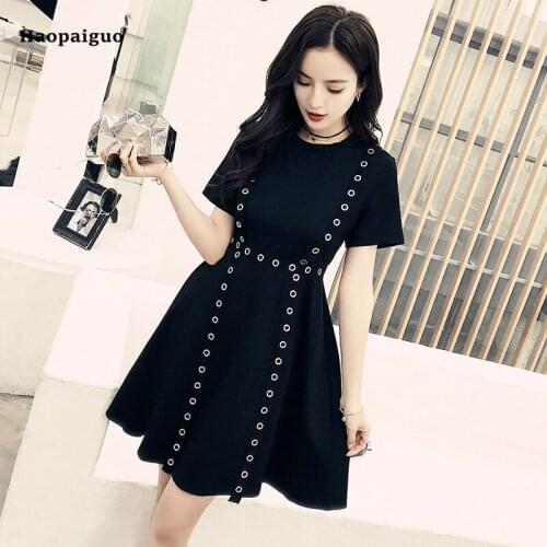 Elegant Casual Dress Summer Women 2018 Black Rivet Short Sleeve O-neck Solid Plus Size A-line Dress Office Mini Dress Vestidos