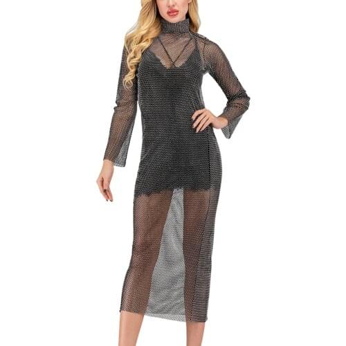 Womens Luxury Banquet Bling Rhinestone Elasticity Grid Dress Nightclub Sandy Beach Party Sexy Long Sleeve Breathable Long Skirt