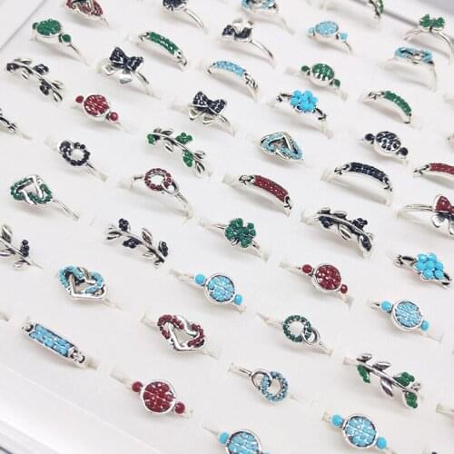 10 Pcs Fashion Women Rings Vintage Colorful Stone Inlayed Silver Color Rings Girl Party Finger Decoration Ring Accessories Gifts