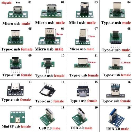 20 Model Data Charging Cable Jack Test Board , Micro Mini USB Type C USB 2.0 3.0 Male Female PCB Connector 90 Degree With Pin