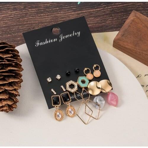 9 Pairs/Set Womens Earrings Set Pearl Earrings For Women Bohemian Fashion Jewelry 2020 Geometric Crystal Round Stud Earrings