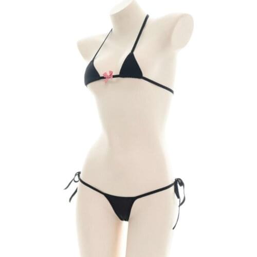 White Mini Ice Silk Cute Bow Bikini Set Pajamas Sexy Lolita Bandage Bra & Panties Set Japanese Soft Girl Cosplay Lingerie Set