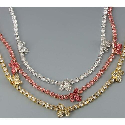 JUSTFEEL 6MM Crystal Tennis Chain Butterfly Necklace Bling Rhinestone Small Animal Choker Necklace Women Girls Hip Hop Jewelry