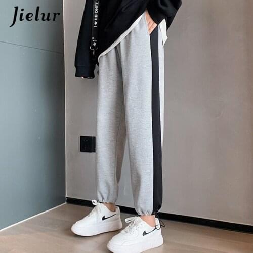 Jielur Sports Pants New Casual Harem Pants Loose Elastic Waist Trousers Female Black Gray Side-striped Womens Sweatpants M-XXL