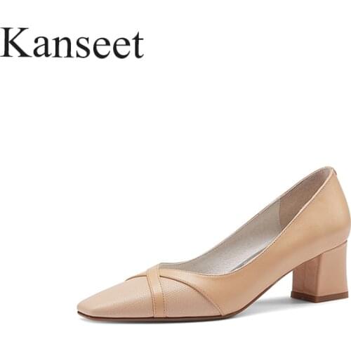 Kanseet 2021 New Women Pumps Spring Autumn Square Toes Shallow Mouth Genuine Leather Handmade Fashion Design high heel