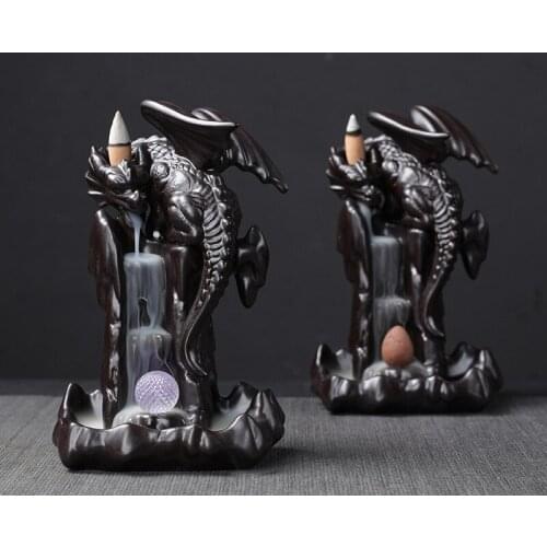 Ceramics Backflow Incense Burner Buddhist Zen Aromatherapy Stove Dragon Ornaments LED Lights Home Decoration Without Battery