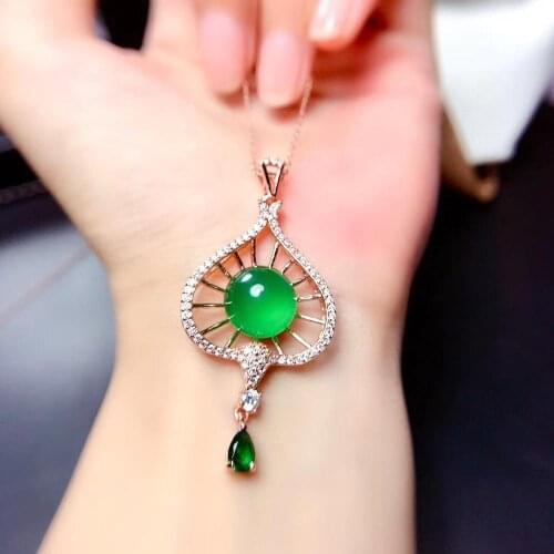 Classic natural green chalcedony gemstone pendant for women necklace round certified natural gem real 925 silver birthday gift