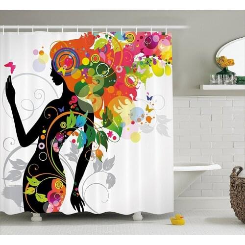 Colorful Home Shower Curtain Madame Butterfly Modern Version with Spring Spiral Circles Leaf Botany Girl Bathroom Decor Curtains