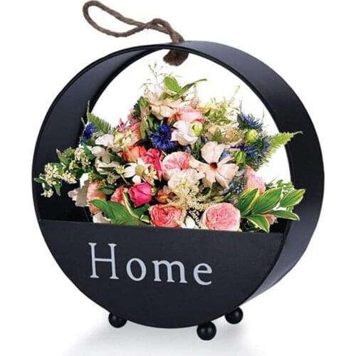 Round Wall Hanging Flower Plant Pot Iron Planter Round Succulents Rope Handle Gray Retro Creative Vertical Home Garden Decor