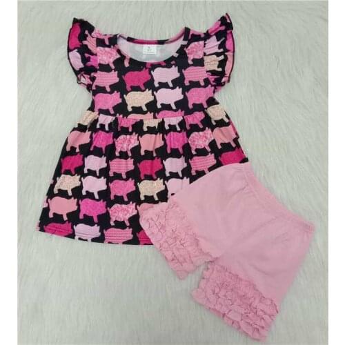 2021 pig print pearl top match icing ruffle shorts little girls summer clothing baby girl summer clothes
