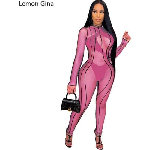 Lemon Gina Summer Club Style Solid Color Bikini Thin Mesh One Piece Jumpsuit