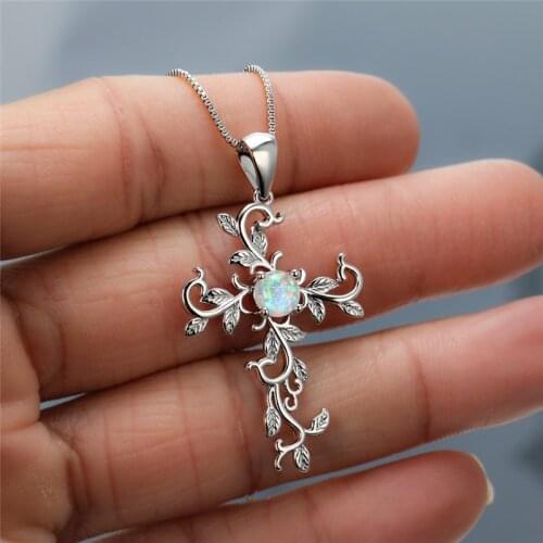 Trendy Leaf Bridal Wedding Necklace Vintage Female White Blue Opal Pendant Necklace Charm Silver Color Cross Necklaces For Women