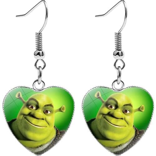 2021 New Shrek and Fiona Earrings for Girls Cartoon Cute Anime Figure Glass Crystal Heart Drop Earring Fashion Jewelry