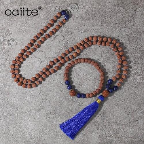 OAIITE Lapis Lazuli Stone Rudraksha Necklace Buddha Beads Prayer Bracelet Handmade Yoga Prayer 108 Mala Necklaces Jewelry Set