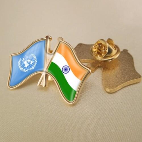 United Nations and India Crossed Double Friendship Flags Brooch Badges Lapel Pins