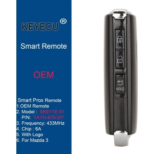 KEYECU Genuine OEM Remote for Mazda 3 2020 2021 2022 , 3 Buttons Prox Smart Key 433MHz FSK MODEL: SKE11E-01 P/N: TAYH-675-DY