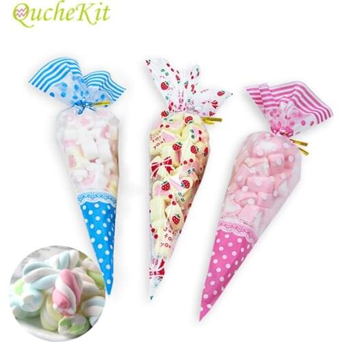 2 Sizes 50pcs Colorful Triangular Plastic Bag Cone-Shaped Treat Popcorn Bags DIY Wedding Birthday Plastic Cellophane Candy Bags