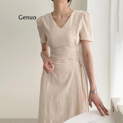 Korean Style Temperament Dresses Solid V-neck Short Puff Sleeve Bandage Vestidos 2021 Summer Elegant Fashion Dress