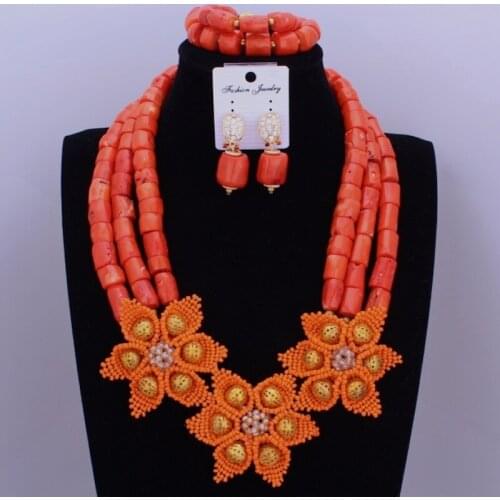 Gorgeous Orange Big Coral Beads Necklace Jewelry Set Nigerian Beads Wedding Jewellery for Bride With Flowers Christmas Gift Set