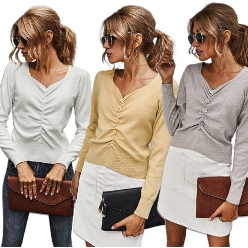 Women Autumn Long Sleeve Sexy V-Neck Sweater Ruched Buttons Ribbed Knitted Slim Pullover Tops Solid Color Basic Jumper