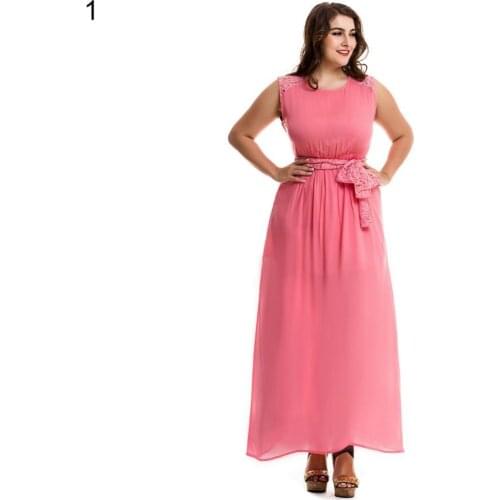 Plus Size Women Elegant Lace Splicing Sleeveless Dress Floor Length Maxi Cocktail Waistband Evening Ladies Dresses