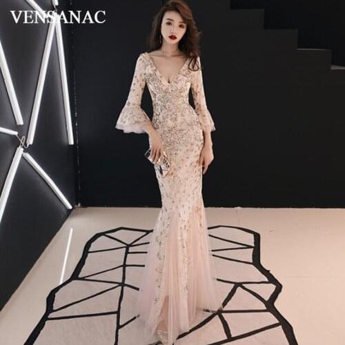 VENSANAC Sexy Deep V Neck Sequined Mermaid Long Evening Dresses Party Flare Sleeve Backless Prom Gowns