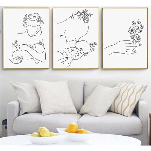 Abstract Mother And Child Wall Art Poster Flower Line Drawing Art Prints Baby Love Canvas Painting Nordic Pictures Home Decor