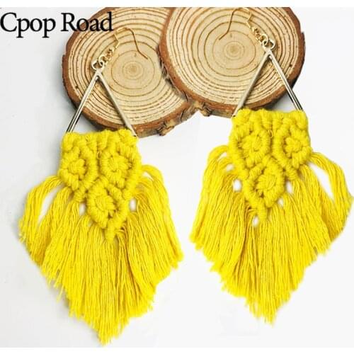 Cpop Ethnic Handmade Weave Macrame Earrings Cotton Thread Feather Fringe Tassel Earrings Wedding Jewelry Women Accessories Gift