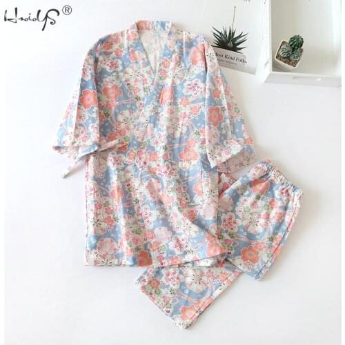 Japanese Kimono Set 100% Cotton Pajamas Two-piece SPA Bathrobe Tops With Shorts Yukata Loose Womens Sweat Steaming Home Suit