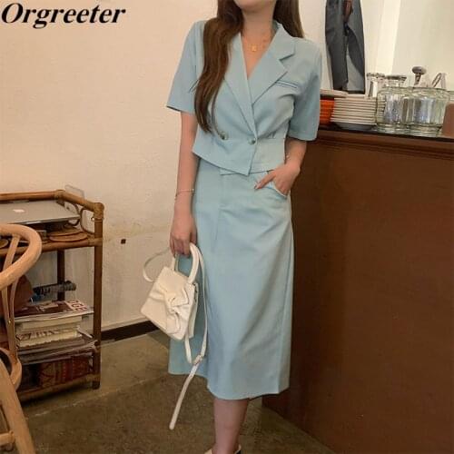 Summer Two piece set Women Solid Notched Short Sleeve Thin Coat and High waist Long Skirt Elegant Ensemble femme 2 Piece Outfits