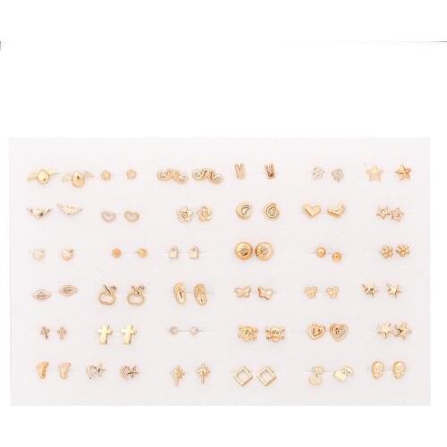 36 Pairs Randomly Mixed Style Women Anti Allergic Star Bow Love Heart Stud Earrings Set Gold Color Flower Plastic Small Earring