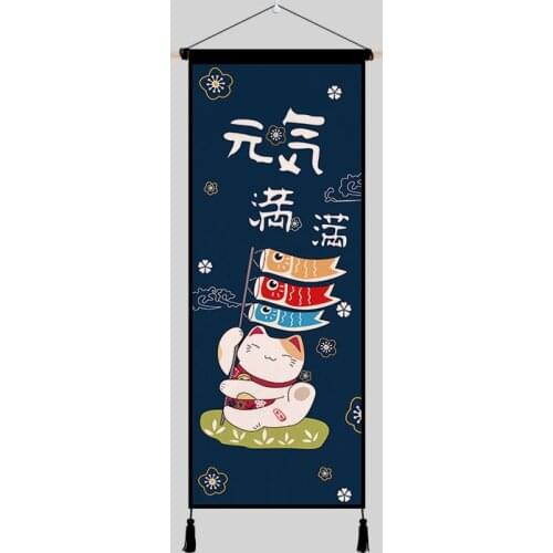 Japanese Style Scroll Painting Wall Art Canvas Poster Printing Picture Lucky Cat Hanging Painting for Dining Room Home Decor