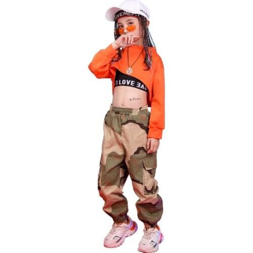 New Hip Hop Girls Open Navel Long Sleeve Top Childrens Jazz Dance Performance Costume Cheerleader Costume Cheer Uniform Kids