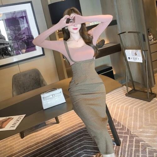 New arrival fashion spring slim set women OL professional sweet vintage t-shirt pink and plaid strap pencil skirt two piece set