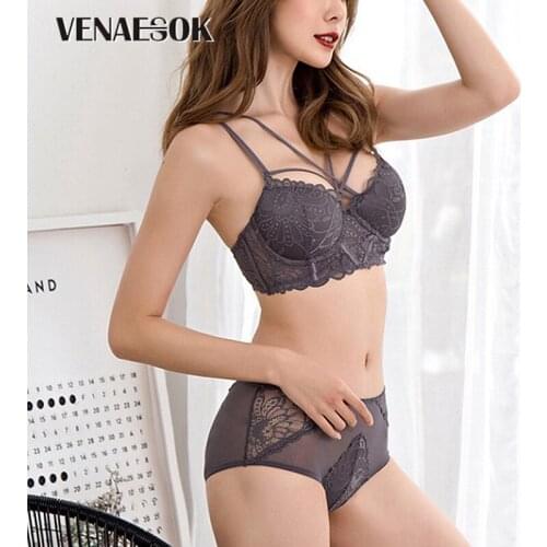 New Bandage Brassiere Thick Gray Push Up Bra Set Embroidery Bras Lace Gather Sexy Underwear Set Cotton Black Women Lingerie Sets