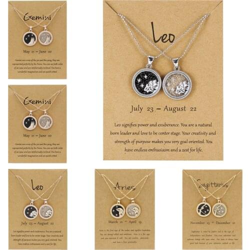 2 Pieces 12 Constellation Necklace for Women Men Gold Silver Color Zodiac Round Pendant Necklaces Couple Birthday Jewelry Gifts