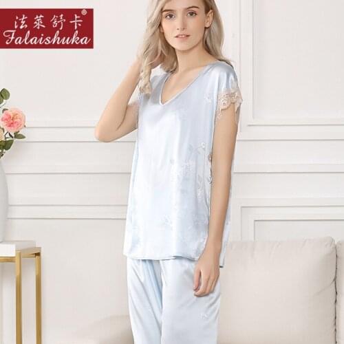 Spring Fresh elegant ice mulberry silk pajamas sets women short sleeves noble silk sleepwear womens casual pyjamas T8208