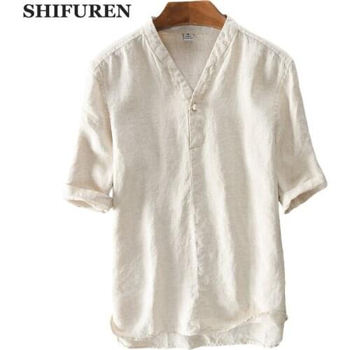 SHIFUREN Summer Men Linen Shirts Half Sleeve Traditional Chinese Style Single Button Breathable Pure Linen Male Social Shirts