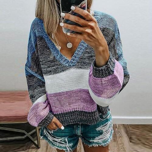 Spring Autumn Sweater Coat Women V Neck Long Sleeve Color Block Patchwork Knitted Sweater Pullover Womens Clothing