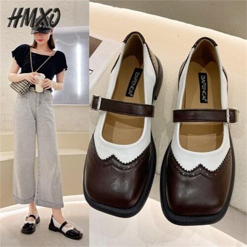 HMXO Flat Loafers Retro British Style Color Matching Womens Shoes Fairy Gentle Mary Jane Shoes Womens Leather Bar Shoes