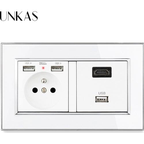 UNKAS HDMI-Compatible 2.0 USB 3.0 Jack + French Socket Dual USB Charging Port Mirror Acrylic Panel Hidden Soft LED Outlet