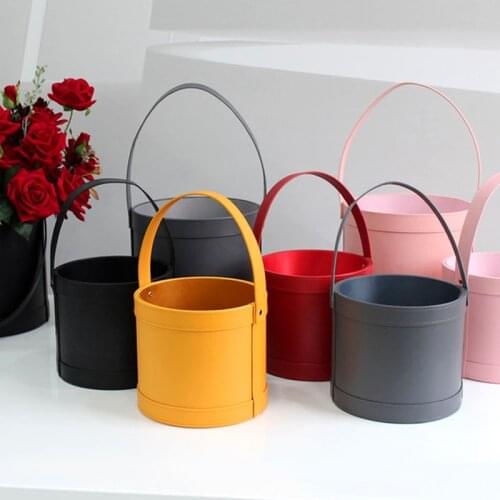 High Quality Flower Bucket Flower Gifts Box Portable Bouquet Flower Packaging Boxes Leather Large Round Floral Wrapping Supplies