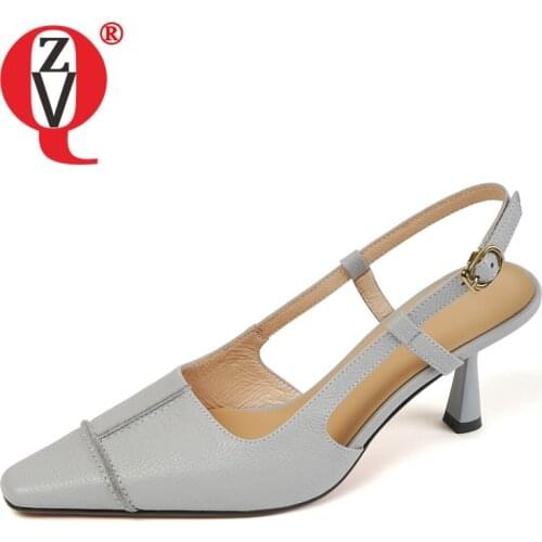 ZVQ Women Genuine Leather Fashion Sandals Square Toe High Heels Back Strap Party Shoes Ladies Good Quality Sexy Summer Footwear