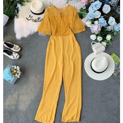 Lace Overalls for Women Spring Summer Jumpsuit Korean Vintage Elegant Rompers Womens Jumpsuit Straight Full Length Pants ZT5292