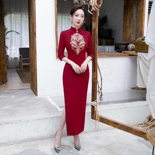 Women Classic Cotton Cheongsam Ladies Sexy Embroidery Evening Party Chinese Dress Traditional Vintage Mandarin Collar Qipao
