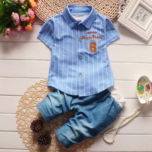 Summer 1 Year Newborn Boy Baby Gentleman Suit Clothes Sets Outfits Casual Sports Outerwear 2pcs Striped Shirts Cowboy Sets